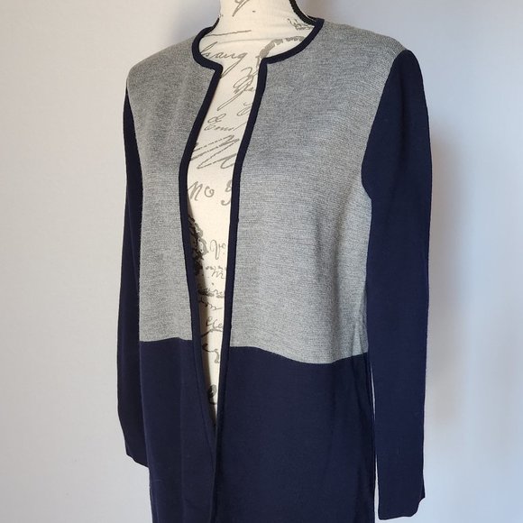 EUC Talbots Merino Wool Blend Open Long-Cardigan Sweater Color Block Grey Blue - Picture 5 of 10